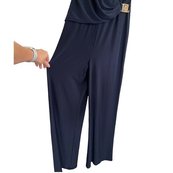 Anne Klein Navy Blue Pants Jumpsuit with gold logo buckle. Size 10 - Picture 4 of 8